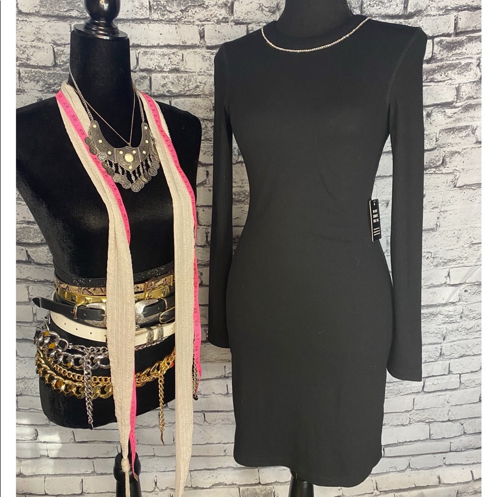 Xxs “extra extra small” express black dress with built on diamond neckline.